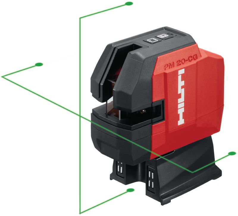 PM 20-CGE High-precision plumb and cross line laser High-precision green beam combi-laser with 2 lines and 5 points for plumbing, levelling, aligning and squaring